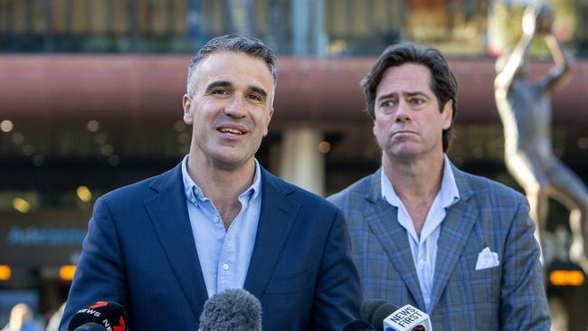 South Australian Premier Peter Malinauskas (left) has secured Gather Round for South Australia until 2026 Picture: Emma Brasier