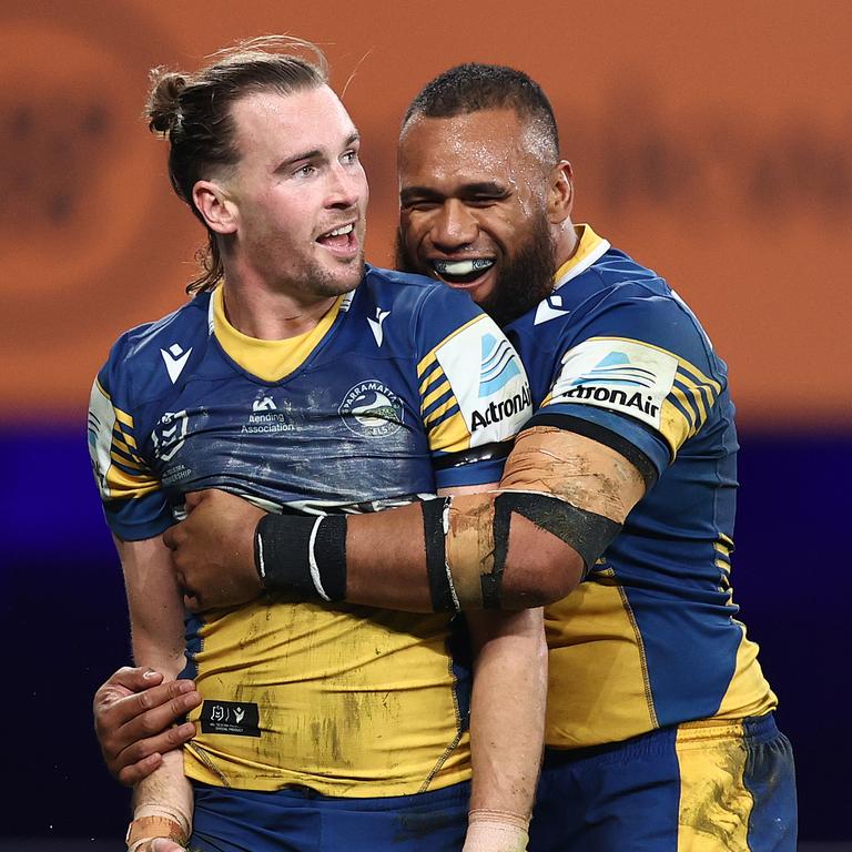 Clinton Gutherson and Junior Paulo are two Parramatta stars free to negotiate with clubs at the end of this year. Picture: Cameron Spencer/Getty Images