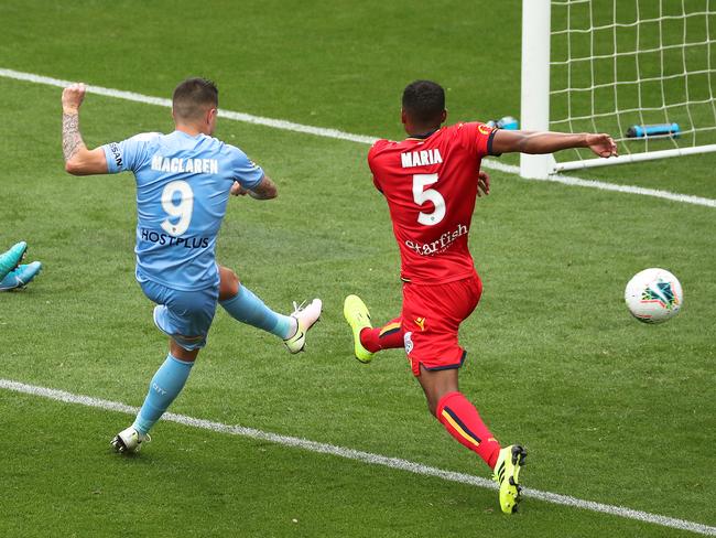 Jamie MacLaren of Melbourne City scores his second goal during the Round 2 A-League match between the Melbourne City and the Adelaide United at AAMI Park in  Melbourne, Sunday, October 20, 2019. (AAP Image/George Salpigtidis) NO ARCHIVING, EDITORIAL USE ONLY