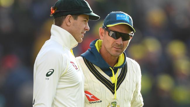 Australian coach Justin Langer with Test captain Tim Paine. Picture: Getty Images