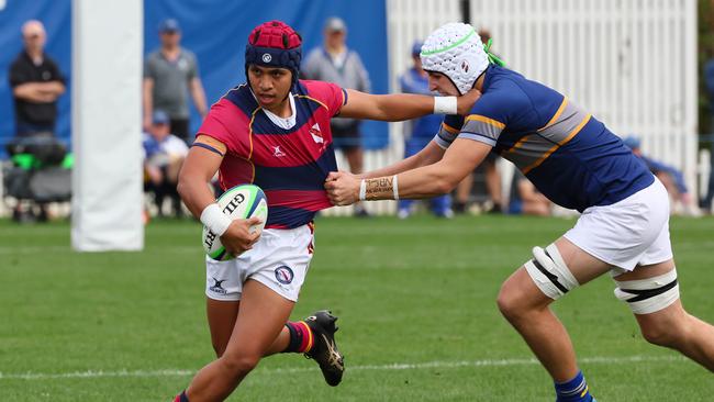 Action from the GPS rugby round 1 match between Churchie and Brisbane State High. Pictured is BrisbaneÃ&#149;s Tauave Leofa. Picture: Tertius Pickard