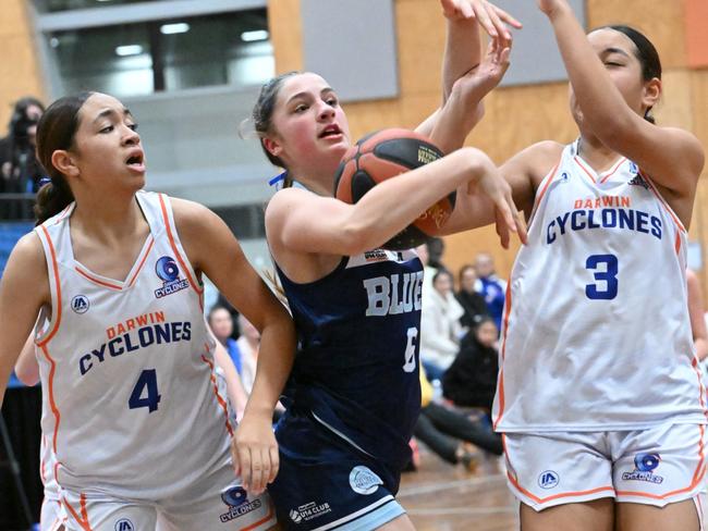 Action between Frankston Blues and Darwin Cyclones at the 2024 Basketball Australia Under-14 Club Championships. Picture: Basketball Australia/Peter Kakalias