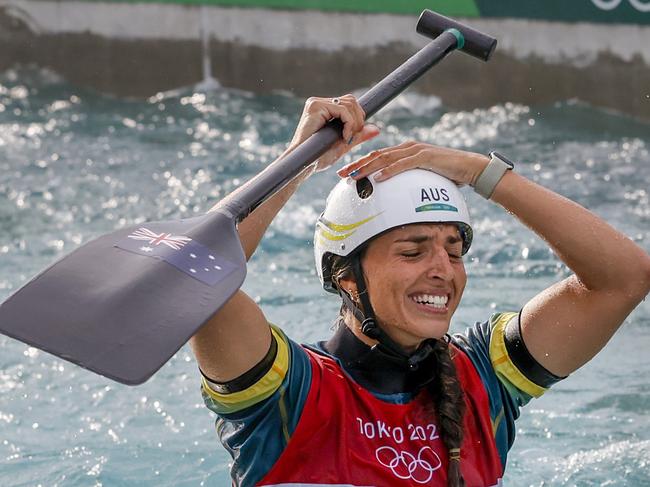 Jess Fox’s relief after finally winning gold at the Olympics. Picture: Alex Coppel