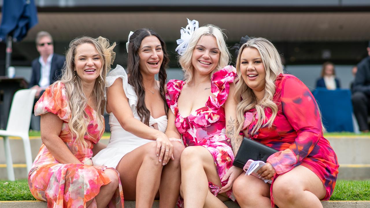 The Daily Telegraph Saturday 12 October 2024 Raceday Coverage Bree Michelle Madison Taylor Dannielle Browne and Shelly Hamilton at Hill Stakes race day at Rosehill Gardens. Picture Thomas Lisson