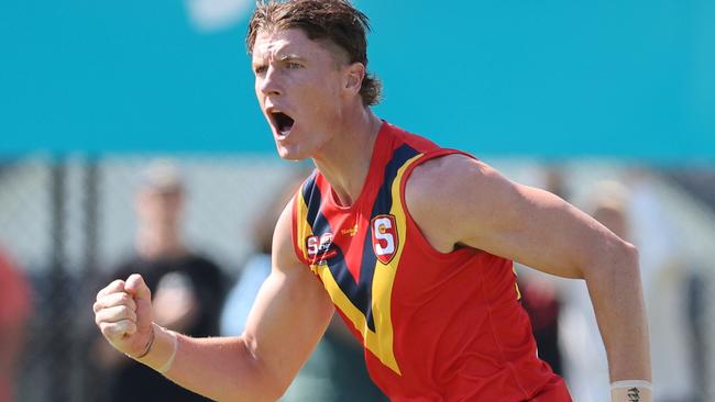 Lachlan Hosie from South Australia reacts after scoring a goal during the AAMI State game between South Australia and Victoria at Glenelg Stadium in Adelaide, Saturday, April 6, 2024. (SANFL Image/David Mariuz)