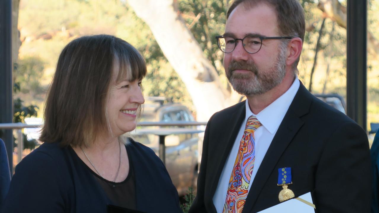 Kristina Kidd and Steven Kidd. Steven Kidd was awarded his OAM on June 14 by Hugh Heggie at St Phillips College in Alice Springs.