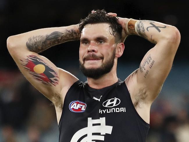 MELBOURNE, AUSTRALIA - APRIL 17: Zac Williams of the Blues looks dejected after a loss during the 2021 AFL Round 05 match between the Carlton Blues and the Port Adelaide Power at the Melbourne Cricket Ground on April 17, 2021 in Melbourne, Australia. (Photo by Dylan Burns/AFL Photos via Getty Images)