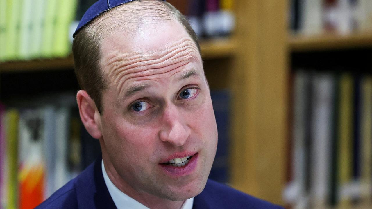 Prince William wears a kippah as he visits the Western Marble Arch Synagogue in London. Picture: Getty Images