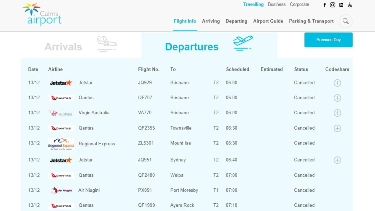 The arrivals and departure board for Cairns Airport is full of cancellations. Picture: Cairns Airport