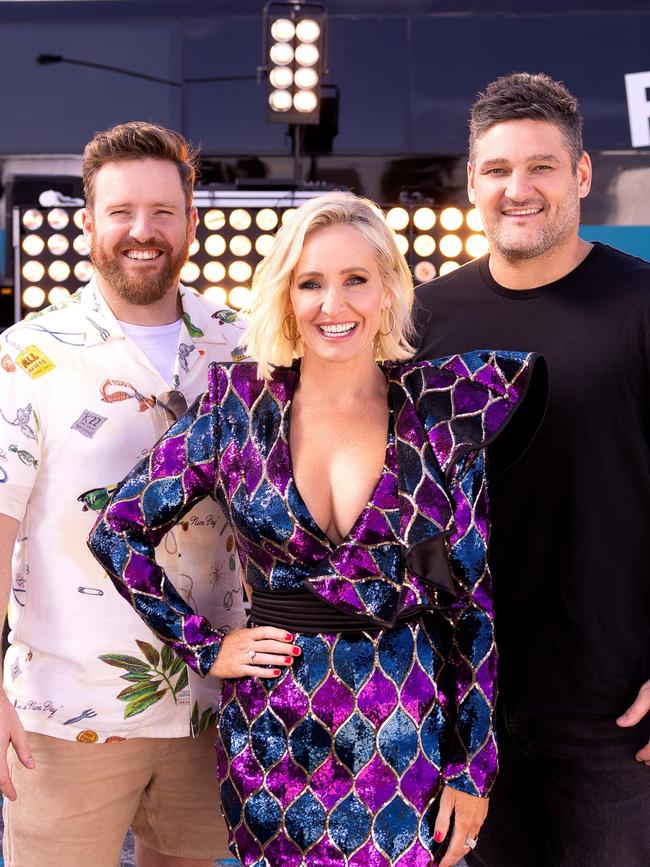 Fev alongside Fifi Box and Nick Cody. Picture: Supplied/Fox FM.