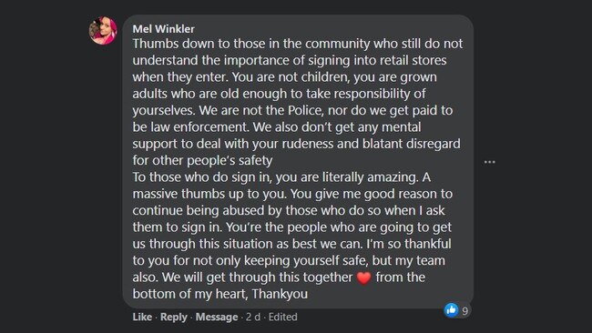 Mel Winkler posted this plea to Coffs Coast shoppers in The Coffs Coast Advocate's Thumbs Up, Thumbs Down call out. Some retail staff are sick of being challenged on the health directives they are required to enforce in their stores.