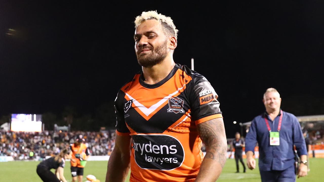 SYDNEY, AUSTRALIA – MARCH 23: Apisai Koroisau of the Tigers celebrates after winning the round three NRL match between Wests Tigers and Cronulla Sharks at Leichhardt Oval, on March 23, 2024, in Sydney, Australia. (Photo by Jeremy Ng/Getty Images)