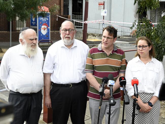 Yossi Aron, Benjamin Klein, Daniel Aghion KC and Naomi Levin speak to the media after the fire at the Adass Israel Synagogue. Picture: Andrew Henshaw