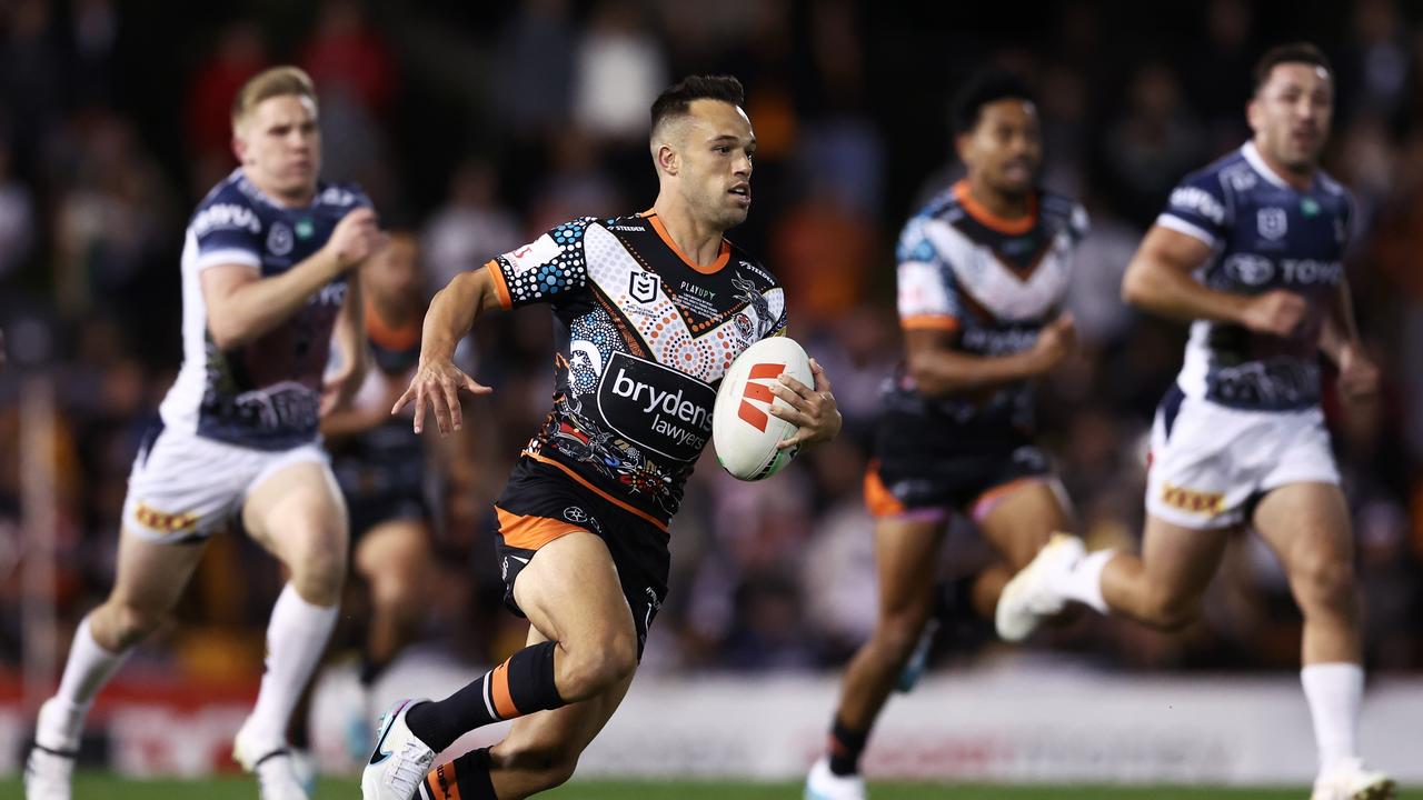 Luke Brooks of the Wests Tigers celebrates during the NRL Round 12 match  between the Wests Tigers and the North Queensland Cowboys at Leichhardt  Oval in Sydney, Saturday, May 20, 2023. (AAP