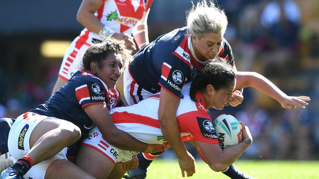 Ruan Sims tackles Najvada George in last weekend’s match at Leichhardt Oval.