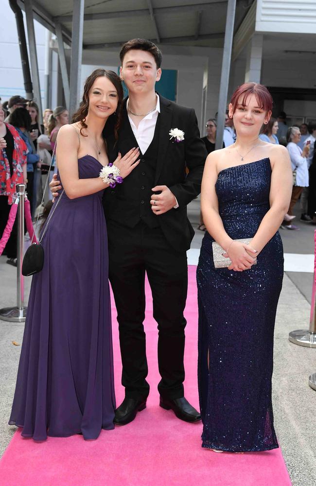 Taylor Webb, Jett Burton and Paige Rentoul at Meridan State College formal. Picture: Patrick Woods.