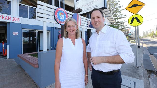 LNP candidate Angie Bell who won preselection for the seat of Moncrieff at the next election, with outgoing member Steven Ciobo.Pictured outside Mermaid Beach Surf Life Saving Club. Pic Mike Batterham.