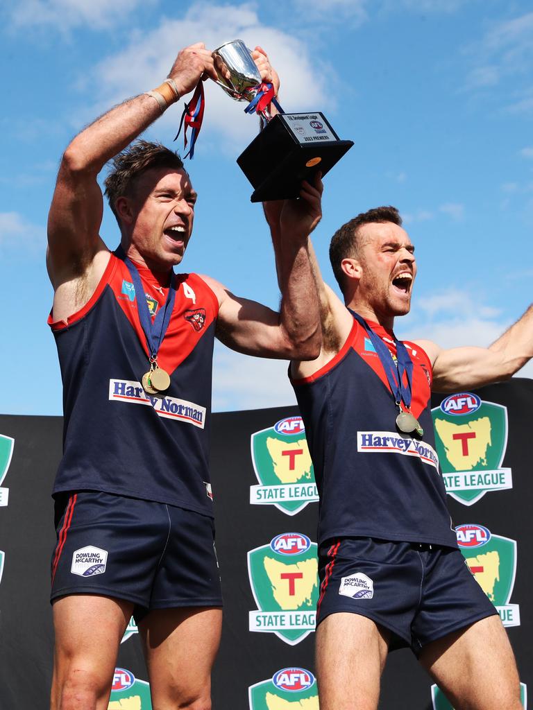 Playing coach Brad Tilbury and Hugh Williams celebrate. North Hobart TSL development league winners 2023. Picture: Nikki Davis-Jones