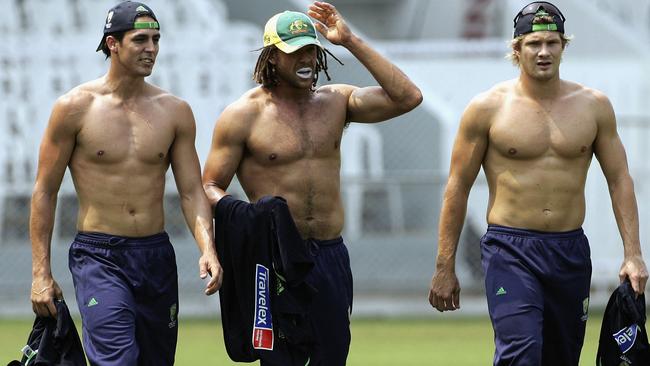 Mitchell Johnson, Andrew Symonds and Shane Watson during Australian training in 2006. (Photo by Hamish Blair/Getty Images)