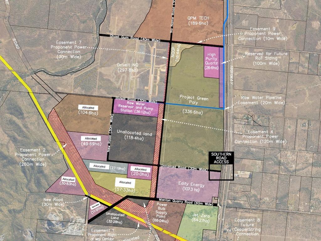 The latest Lansdown Eco-Industrial Precinct map, including land allocations and the raw water pipeline (in blue). Picture: TCC.