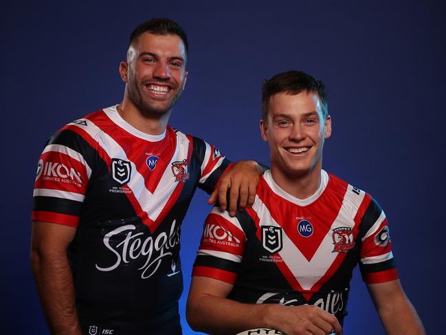 **WARNING MUST CHECK WITH DT SPORT AND ST SPORT BEFORE USE** - Portrait of Roosters Luke Keary and Roosters James Tedesco during the 2019 NRL Grand Final media opportunity at the Westin Hotel, Sydney. Picture: Brett Costello