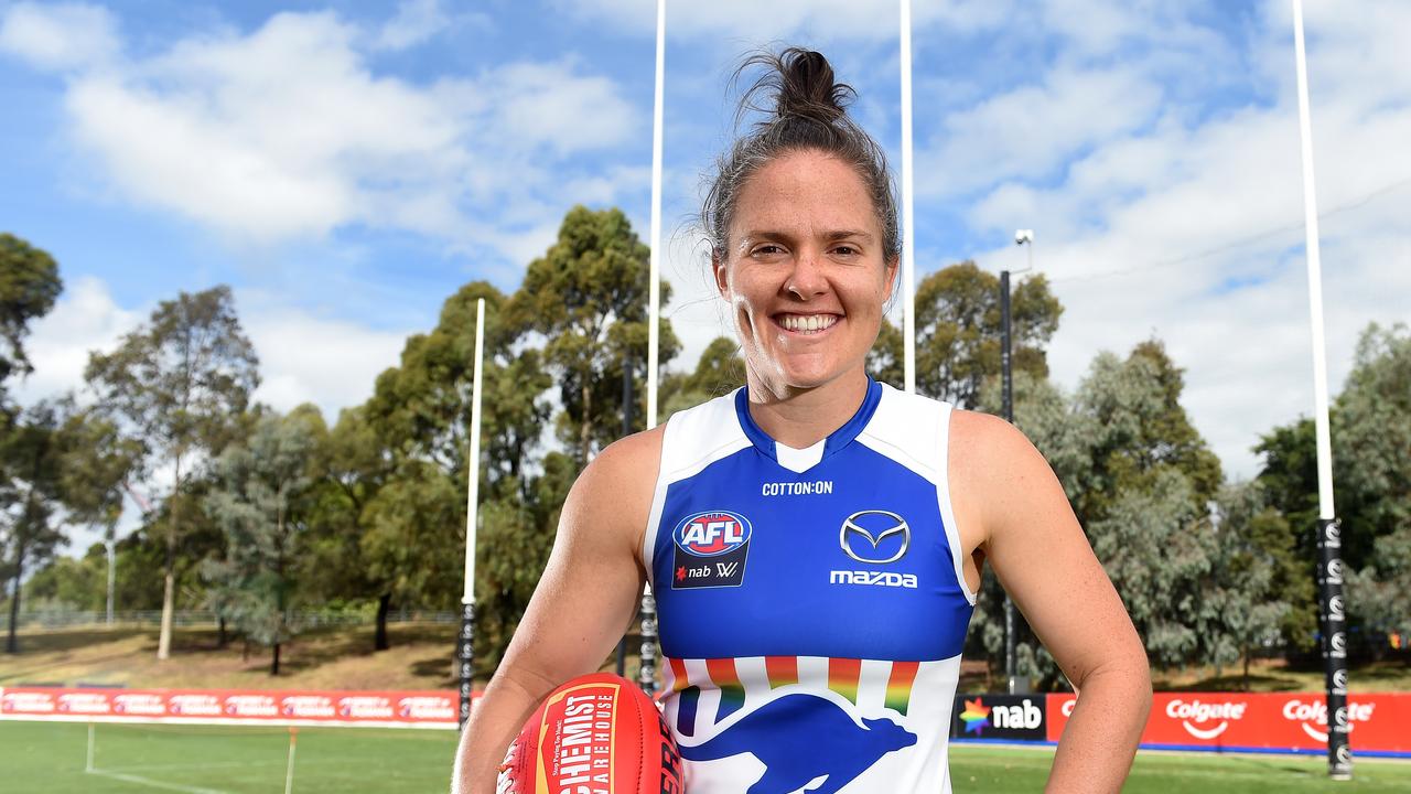 North Melbourne captain Emma Kearney in the special Pride guernsey ahead of the AFLW Pride Round. Picture: Josie Hayden