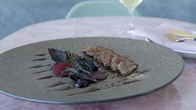 Seared koji wallaby with pickled walnuts, cherry and Pedro Ximenez, a Spanish sherry, at Mona's Faro. Picture: PATRICK GEE