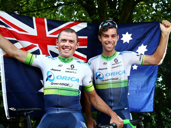 Simon Gerrans and Michael "Bling" Matthews in their old kits. Picture: Sarah Reed.