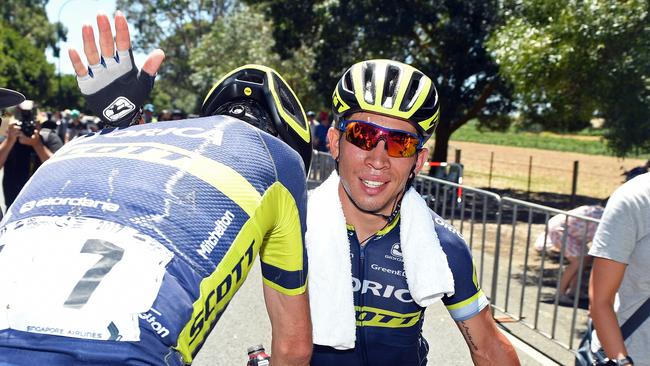 Aussie Caleb Ewan is congratulated by teammate Damien Howson after winning last year’s Stage One. Picture: Tom Huntley