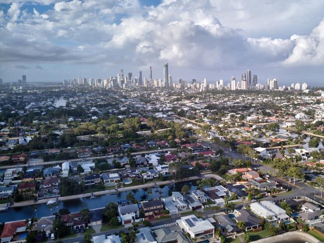 Developing Queensland - Above Broadbeach Waters looking to the high rise of the Gold Coast Queensland.