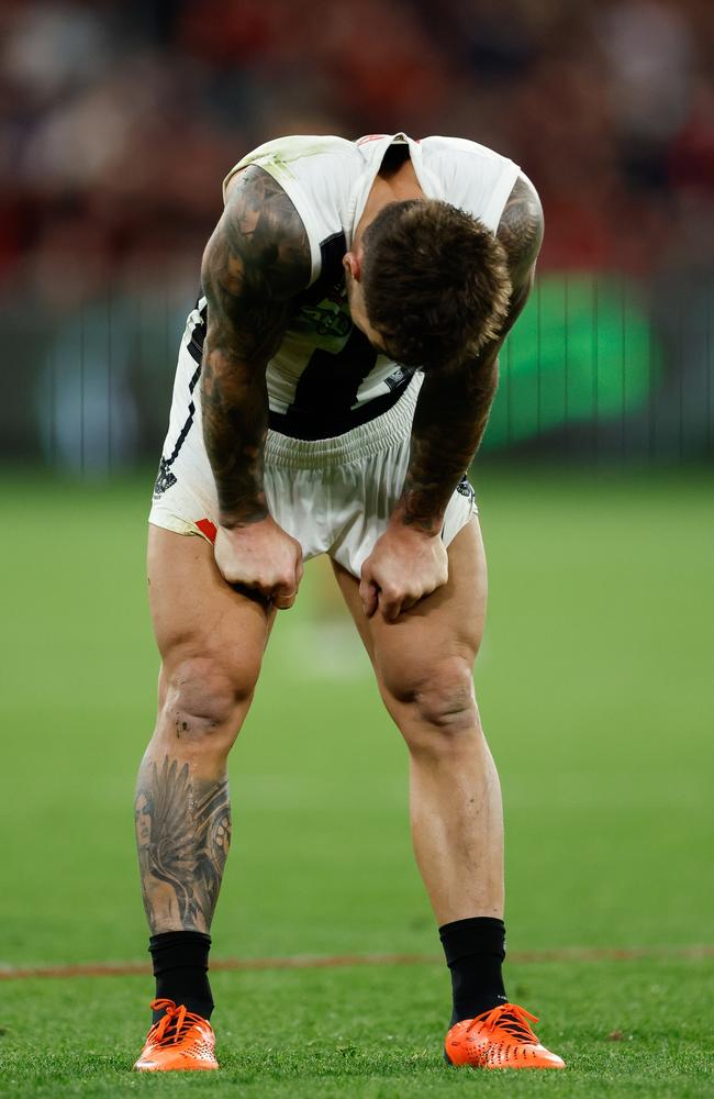 Jamie Elliott on his haunches following the draw on Anzac Day. Picture: Dylan Burns/AFL Photos via Getty Images.