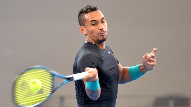BRISBANE, AUSTRALIA — APRIL 04: Nick Kyrgios of Australia plays a forehand during a practice session ahead of the Davis Cup World Group Quarterfinals tie between Australia and the United States at Pat Rafter Arena on April 4, 2017 in Brisbane, Australia. (Photo by Bradley Kanaris/Getty Images)