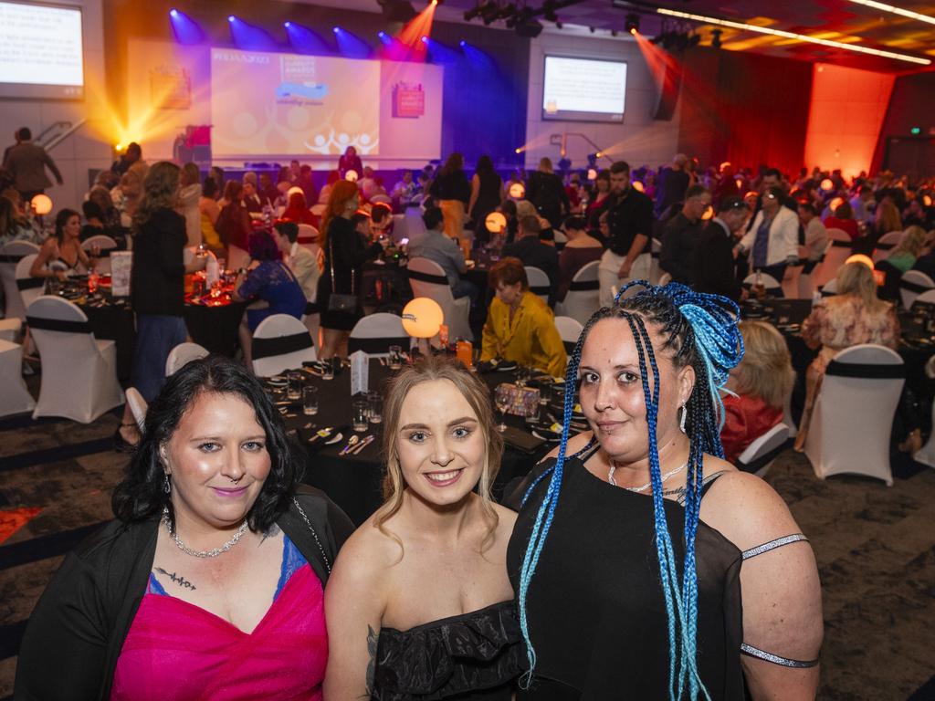 At the Business disABILITY Awards are (from left) Chloe Stewart, Shanay Mikkelsen and Ivy Reis. Picture: Kevin Farmer