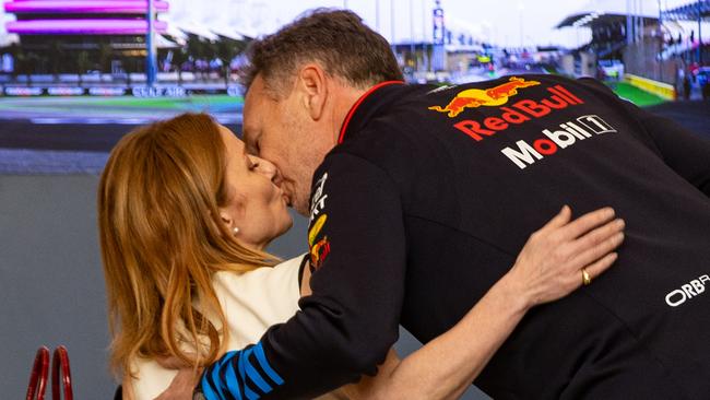 Christian Horner kisses wife Geri Horner ahead of the F1 Grand Prix in Bahrain. Picture: Getty Images.