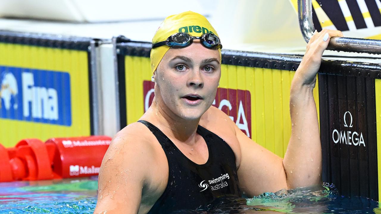 BUDAPEST, HUNGARY - JUNE 18: Shayna Jack of Team Australia celebrates after winning Gold in the Women's 4x100m Freesty on day one of the Budapest 2022 FINA World Championships at Duna Arena on June 18, 2022 in Budapest, Hungary. (Photo by Quinn Rooney/Getty Images)