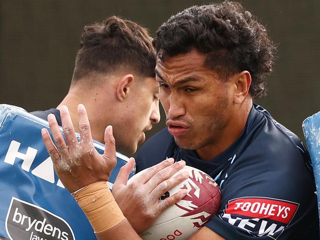 SYDNEY, AUSTRALIA - JUNE 03: Jacob Saifiti of the Blues trains during a New South Wales Blues State of Origin squad training session at Coogee Oval on June 03, 2022 in Sydney, Australia. (Photo by Mark Metcalfe/Getty Images)