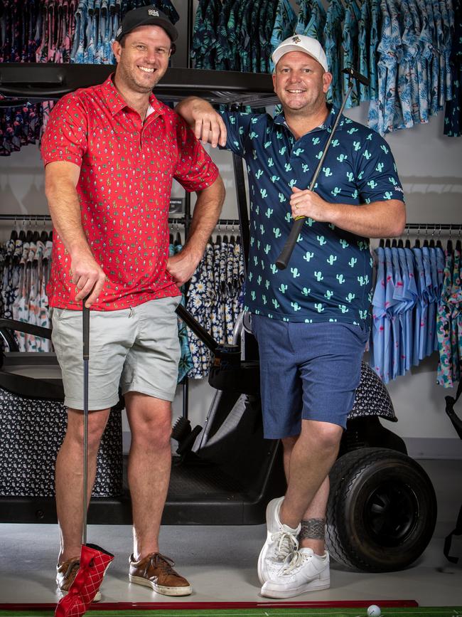 Golf Gods directors Shaun Trevillian and Dale Smedley, the Adelaide larrikins who founded a novelty golf company that’s become a global hit. Picture Emma Brasier