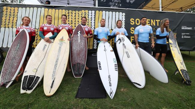 Mick Fanning and Joel Parkinson at the Surf of Origin at Burleigh Beach. Picture: Annette Dew