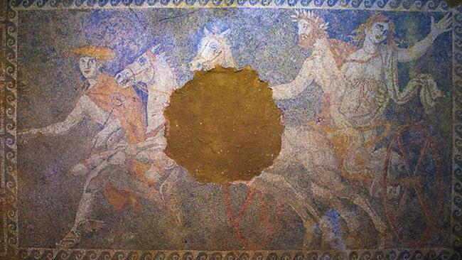 The fresco depicting the abduction of the goddess Persephone by Pluto, god of Hades, found on the floor of the Amphipolis tomb. Source: Greek Ministry of Culture