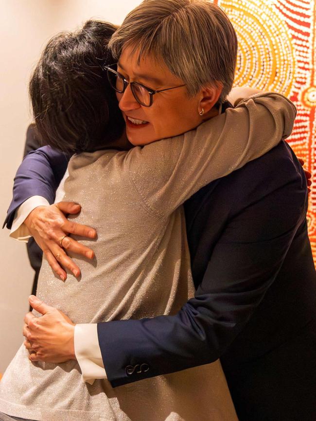 Foreign Minister Penny Wong hugging Australian journalist Cheng Lei upon her arrival at the airport in Melbourne. Picture: AFP