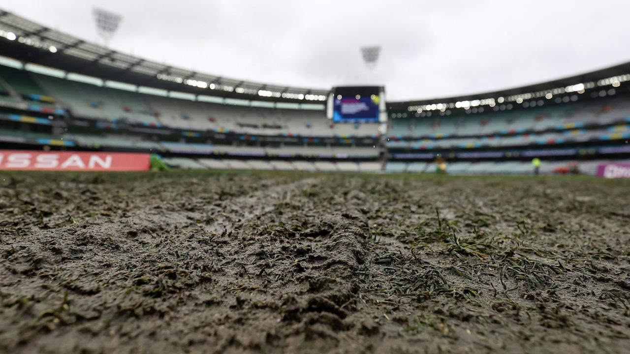 The rain has left a fair impression on the area outside the MCG boundary rope.