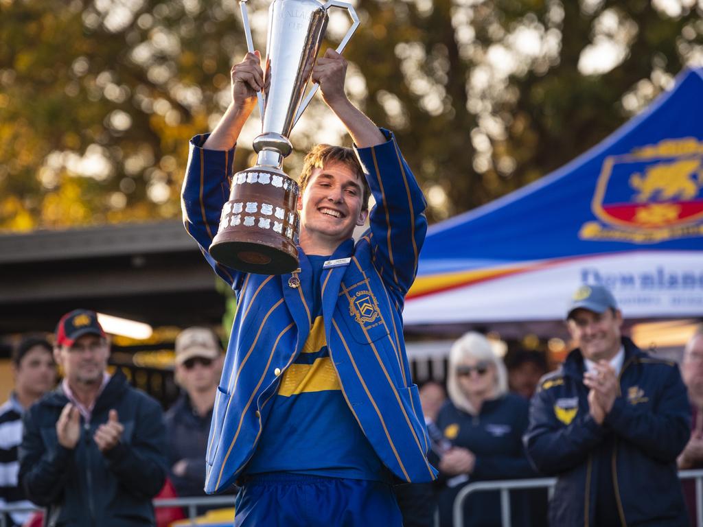 TGS First XV captain Charlie Horn celebrates defeating Downlands to claim the O'Callaghan Cup on Grammar Downlands Day at Downlands College, Saturday, August 6, 2022. Picture: Kevin Farmer