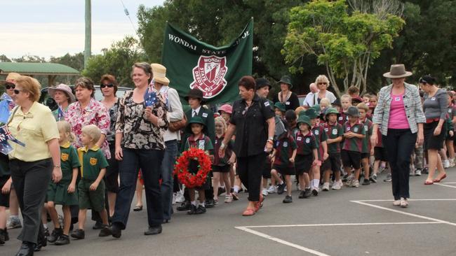 School students participated in the Wondai Anzac Day march in 2012,with students placing a wreath to acknowledge the fallen. Photo: Danielle Lowe / South Burnett Times