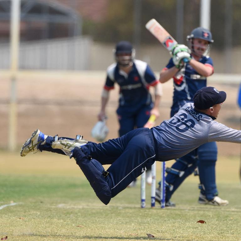 Kookaburra Cup cricket - top-of-the-table clash between Broadbeach Robina and Mudgeeraba Nerang at Broadbeach Sports and Recreation Centre. Mudgeeraba Nerangs Howard Biddle batting with wicket keeper Steven Baker. (Photo/Steve Holland)