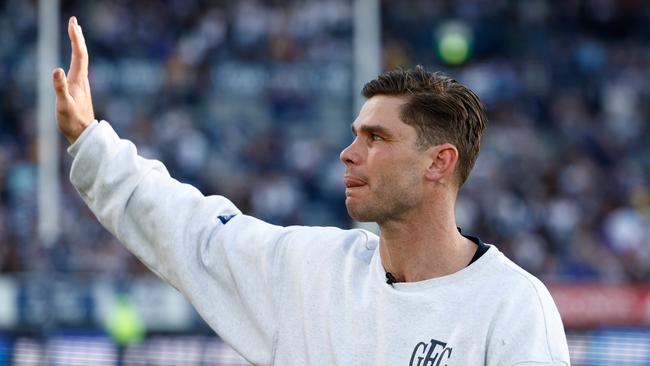 Geelong champion Tom Hawkins says goodbye to the Cats faithful at the Eagles game in Round 24. Picture: Michael Willson/AFL Photos via Getty Images.