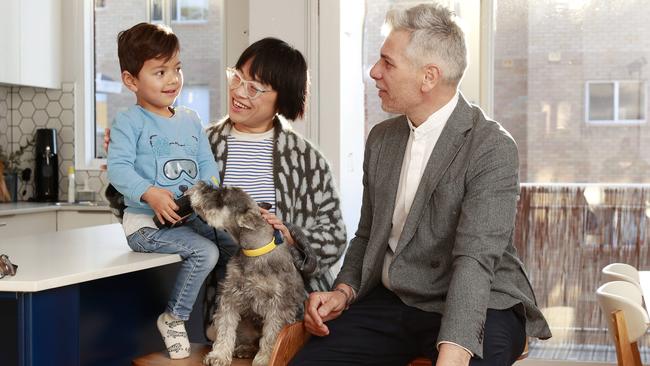 Dara Vongsonephet and Giorgio Lucchini with son Leonardo and dog Roger, are selling their Earlwood unit. Picture: Tim Hunter.