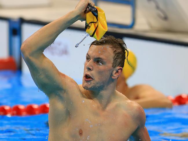 Kyle Chalmers celebrates after winning gold in the 100m freestyle. Picture: Alex Coppel.