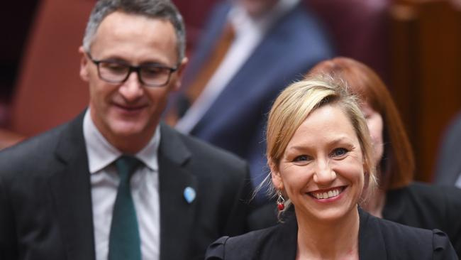 A Bill from Greens Senator Larissa Waters (with Greens leader Richard Di Natale behind) will cost 35,000 jobs. Picture: AAP