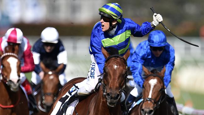 Nick Hall reacts as he rides Jameka to victory in the Caulfield Cup. Picture: AAP