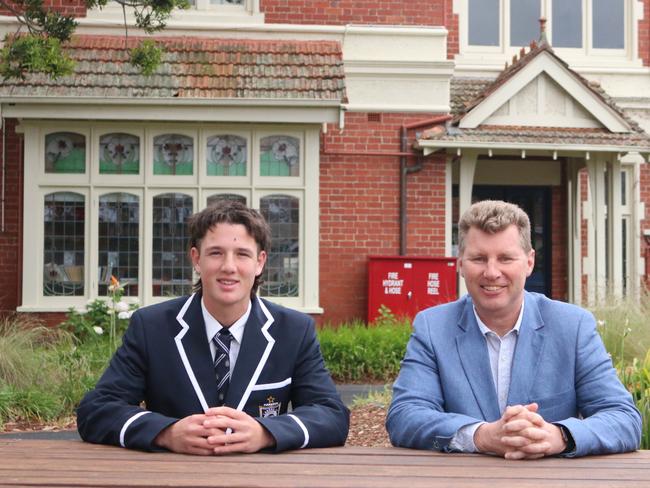 Caulfield Grammar School assistant head of boarding Darren Lowe with Year 10 student and promising cricketer Jobe Fraser, Yarrawonga.